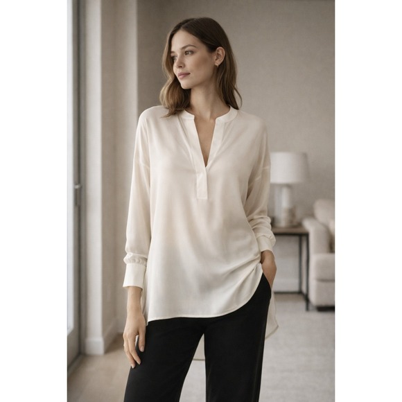 Vince Tops - Vince Oversized Silk Tunic Blouse V Neck Long Sleeve High Low Cream Size Medium